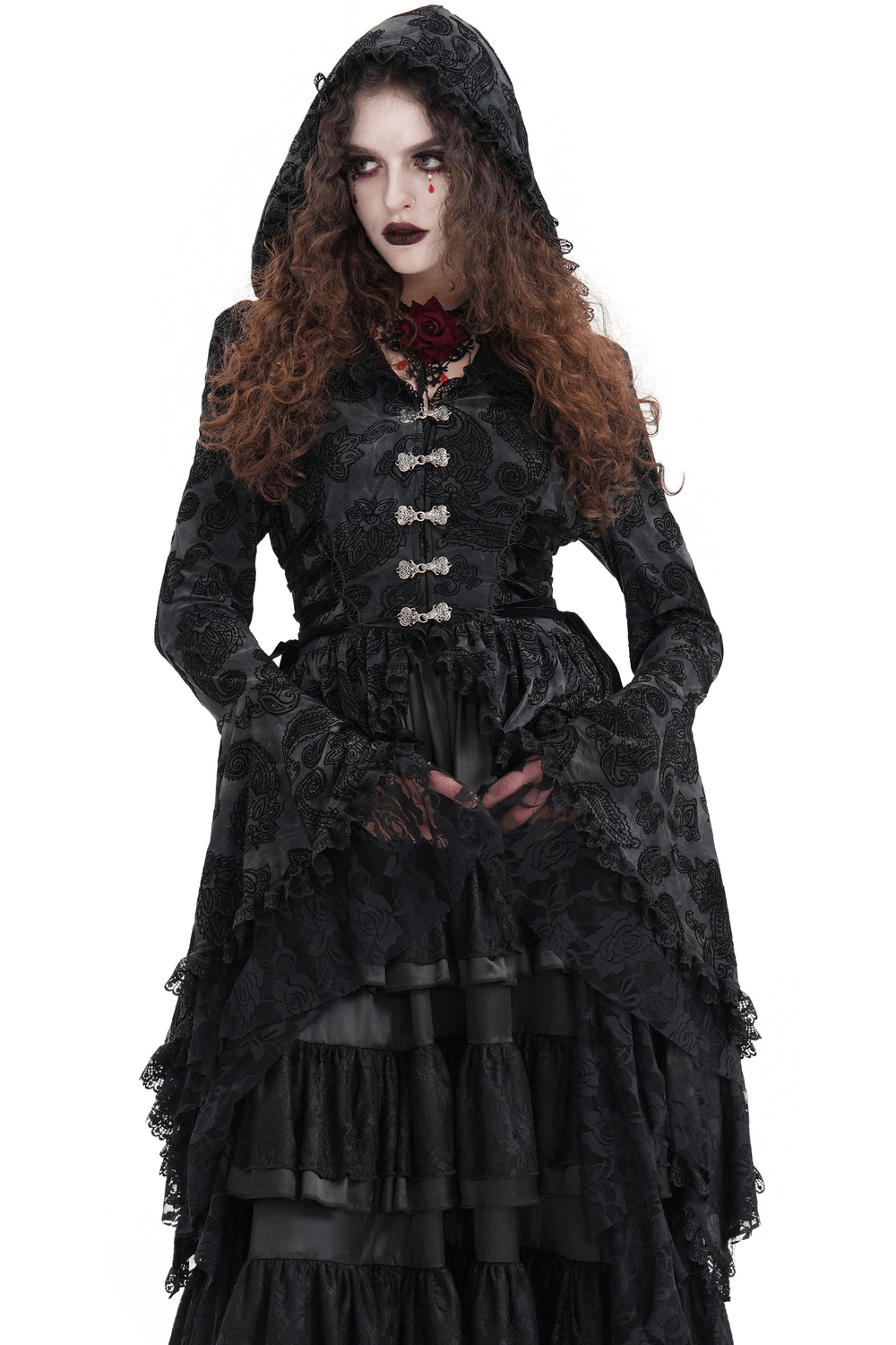 Gothic Victorian Hooded Lace Cape with Asymmetrical Hem