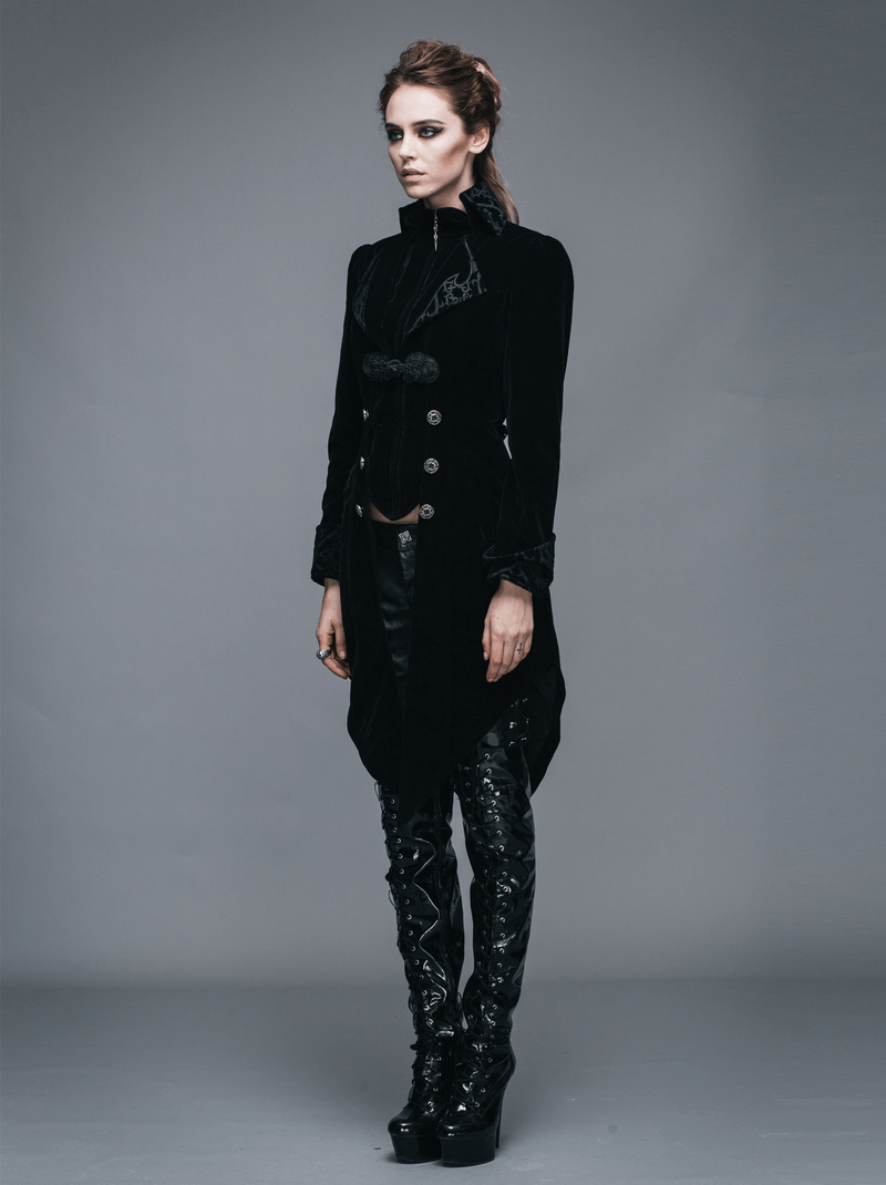 Gothic Vintage Female Black Trench Coat / Women's Steampunk Embroidery Printed Coat