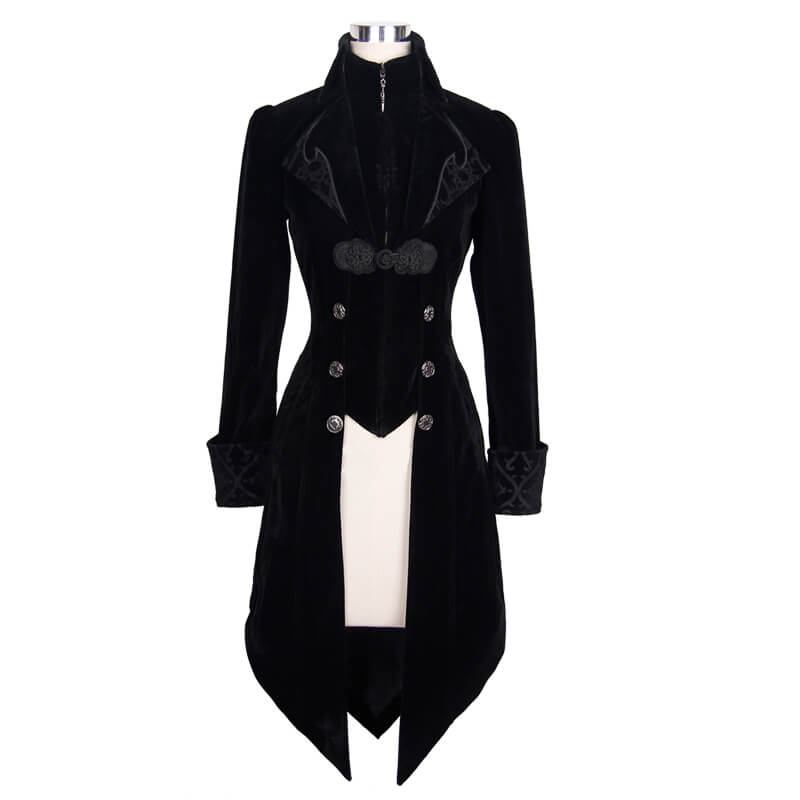 Gothic Vintage Female Black Trench Coat / Women's Steampunk Embroidery Printed Coat