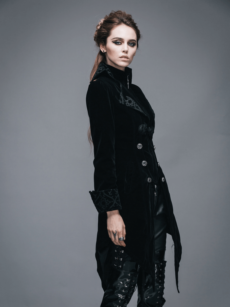 Gothic Vintage Female Black Trench Coat / Women's Steampunk Embroidery Printed Coat