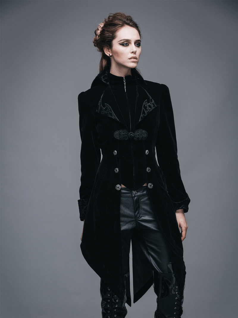 Gothic Vintage Female Black Trench Coat / Women's Steampunk Embroidery Printed Coat