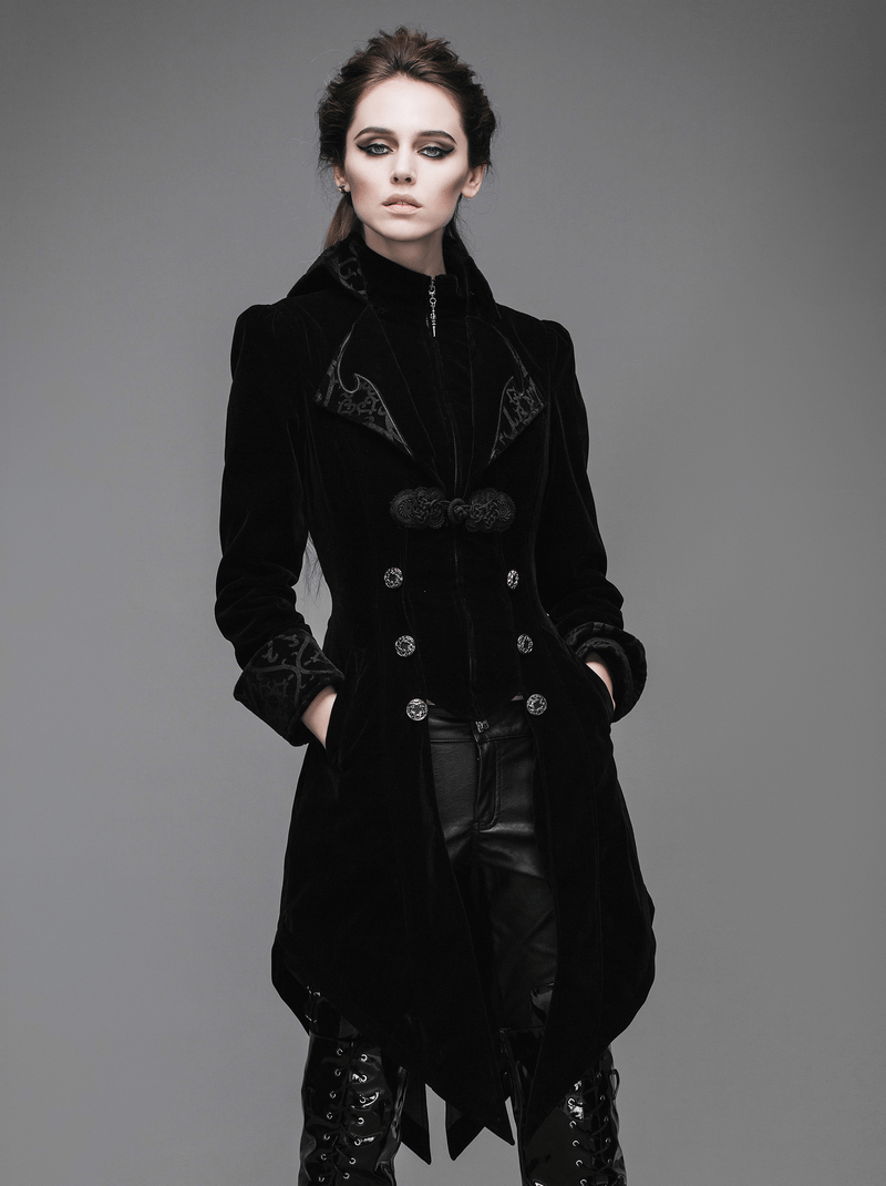 Gothic Vintage Female Black Trench Coat / Women's Steampunk Embroidery Printed Coat