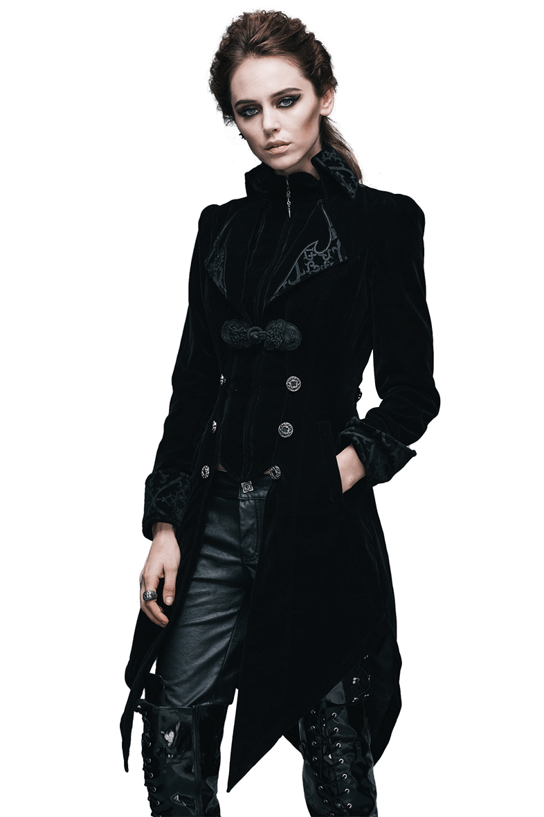 Gothic Vintage Female Black Trench Coat / Women's Steampunk Embroidery Printed Coat
