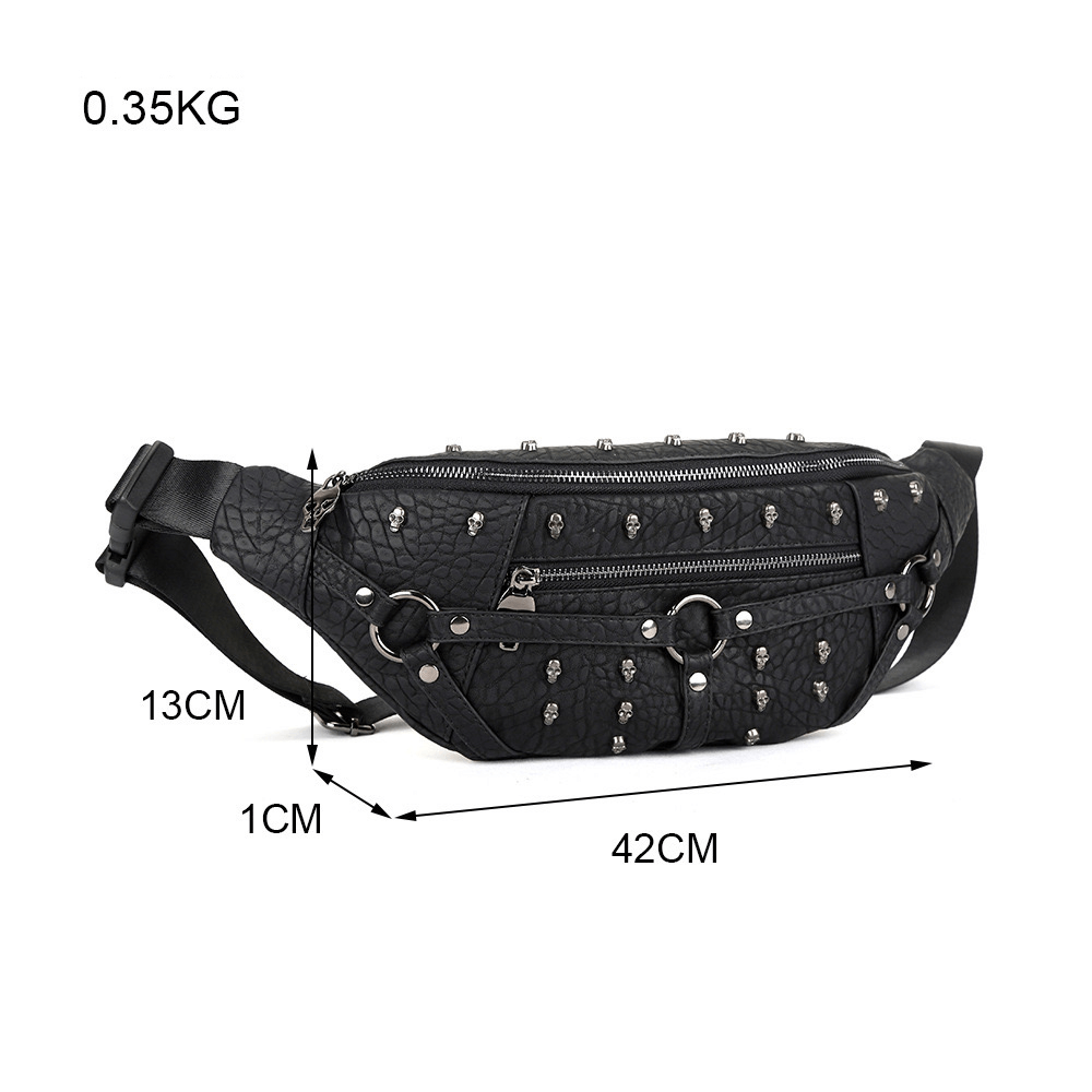 Gothic Waist Bag With Metal Skulls / Fashion Small Bag With Adjustable Strap