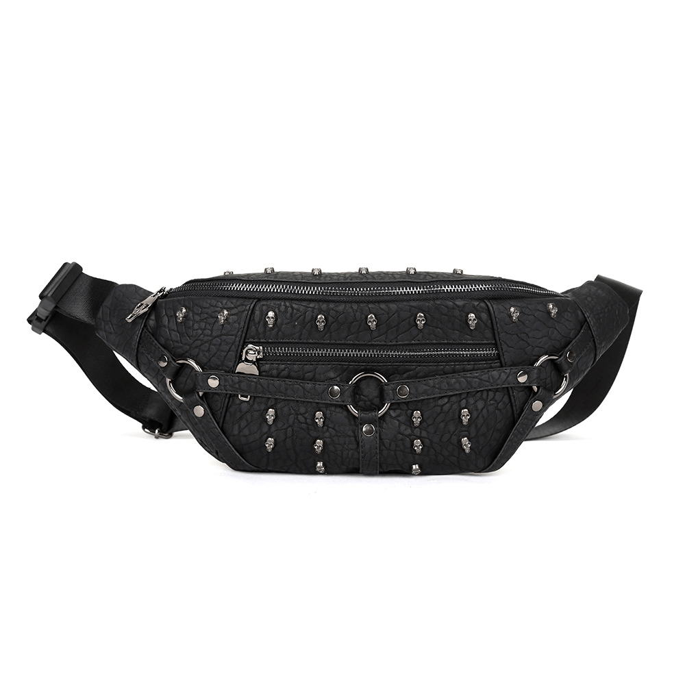 Gothic Waist Bag With Metal Skulls / Fashion Small Bag With Adjustable Strap