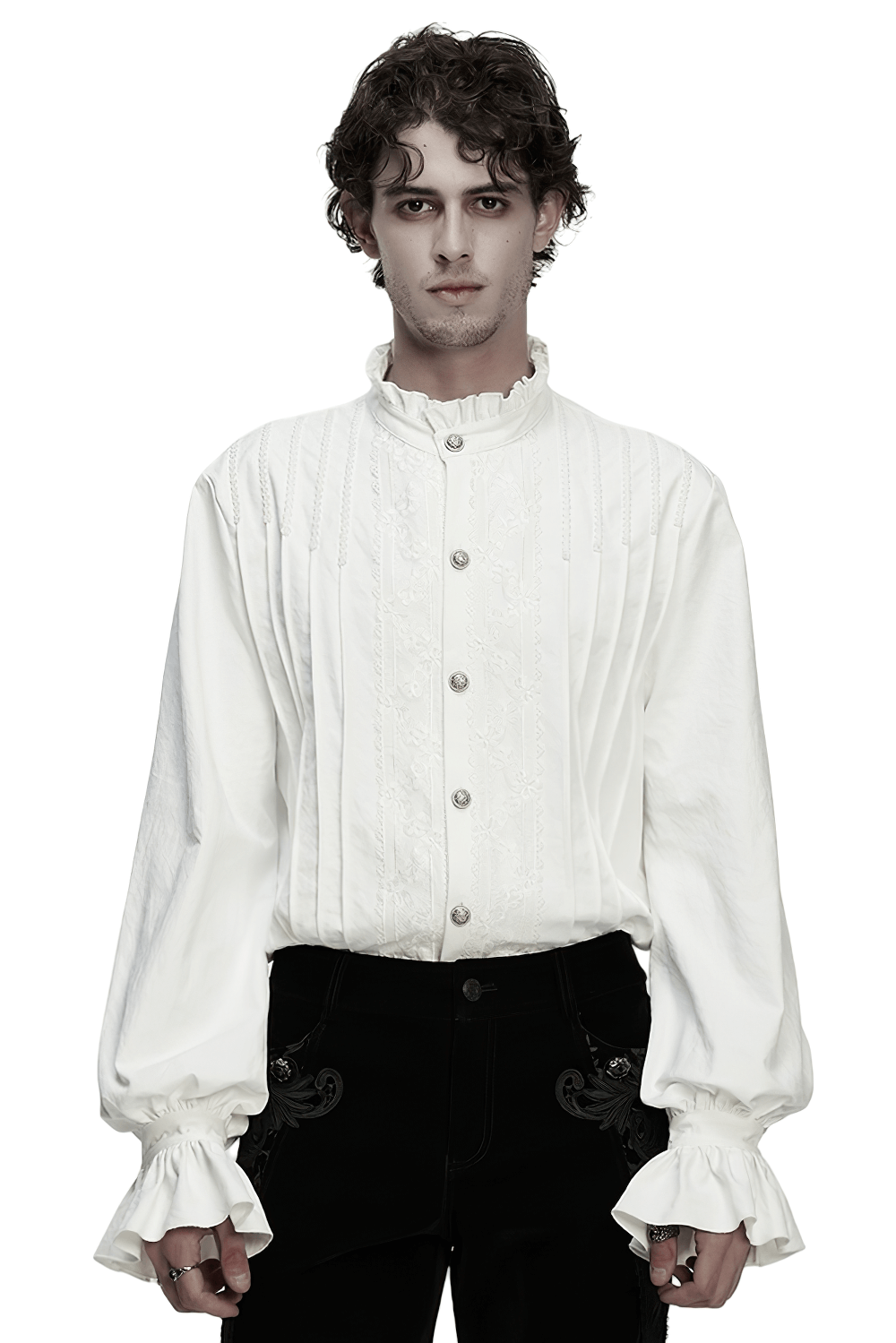 Gothic White Ruffled Long Sleeve Shirt with Lace Details