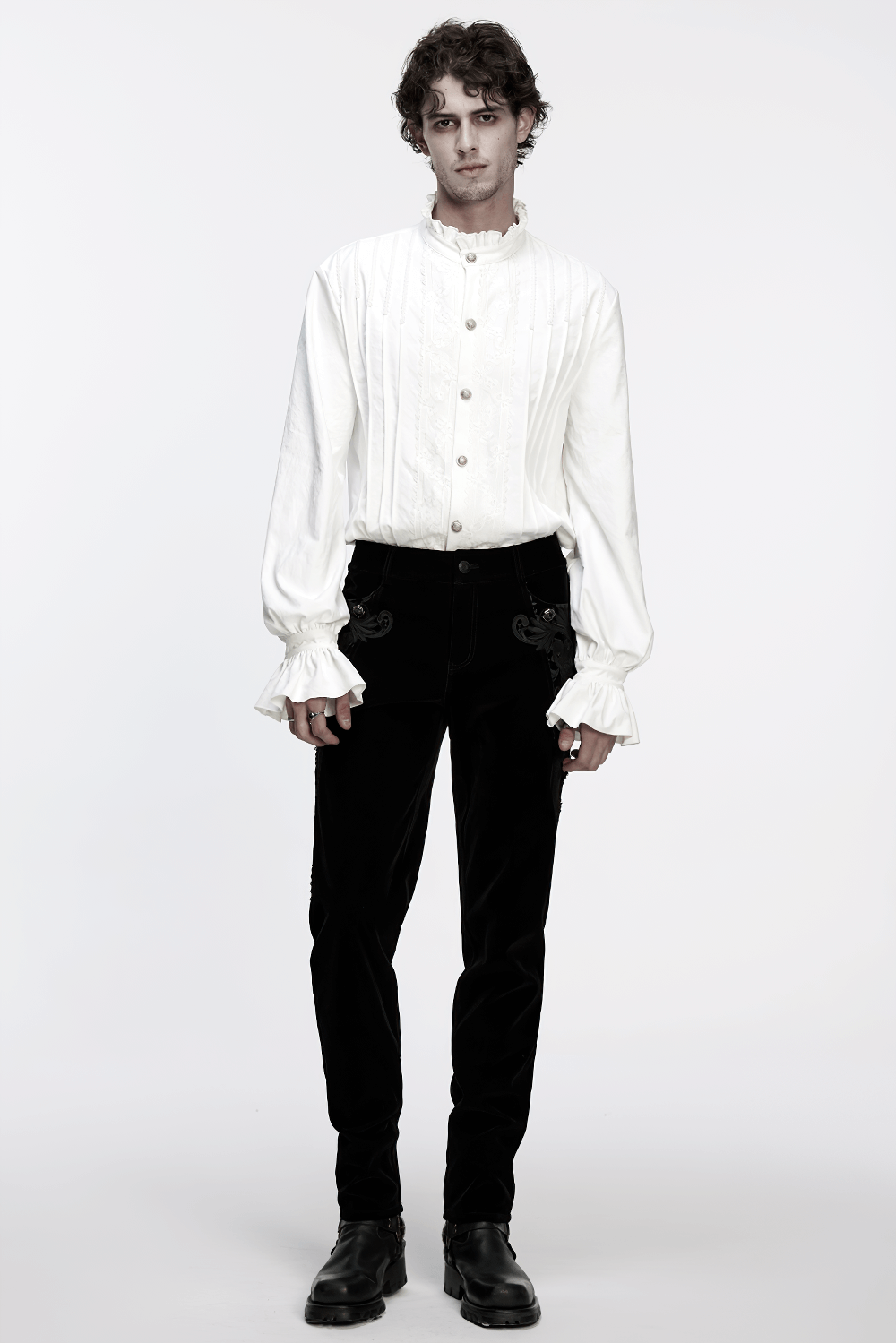 Gothic White Ruffled Long Sleeve Shirt with Lace Details