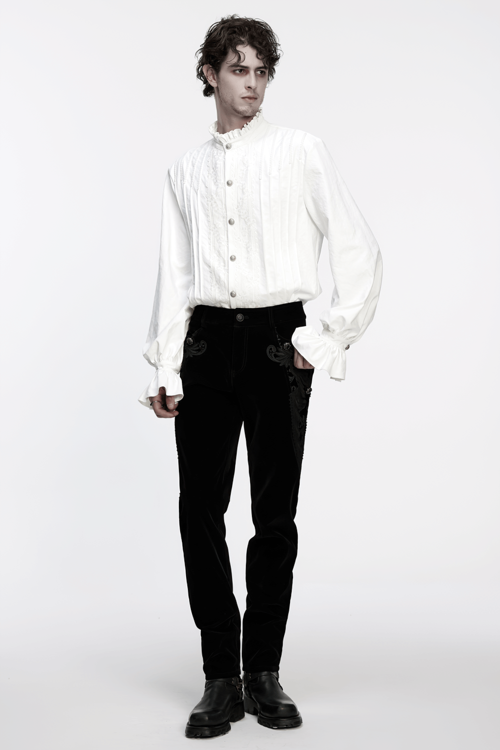 Gothic White Ruffled Long Sleeve Shirt with Lace Details