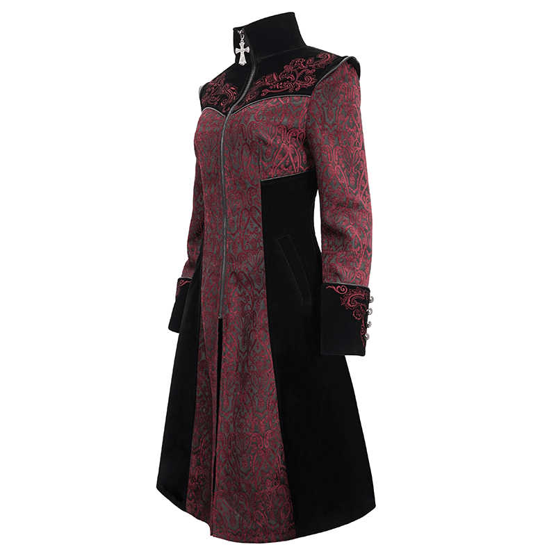 Gothic Wine Red and Black Coat / Vintage Women's Stand Collar Floral Embroidered Coat