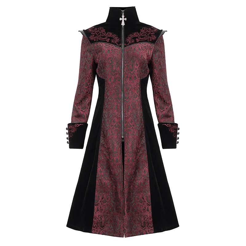 Gothic Wine Red and Black Coat / Vintage Women's Stand Collar Floral Embroidered Coat