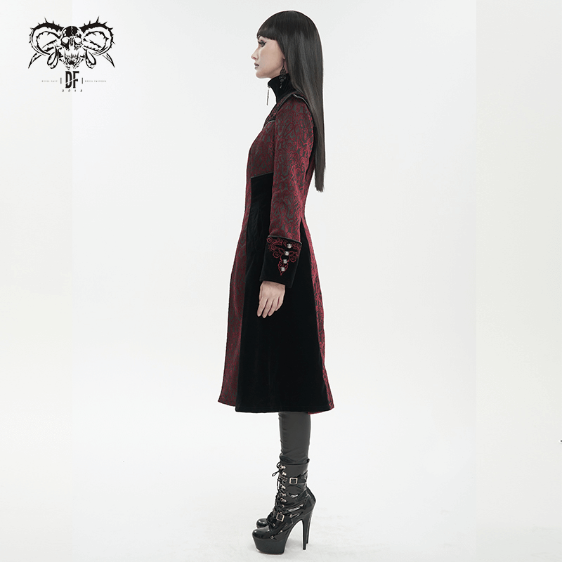 Gothic Wine Red and Black Coat / Vintage Women's Stand Collar Floral Embroidered Coat