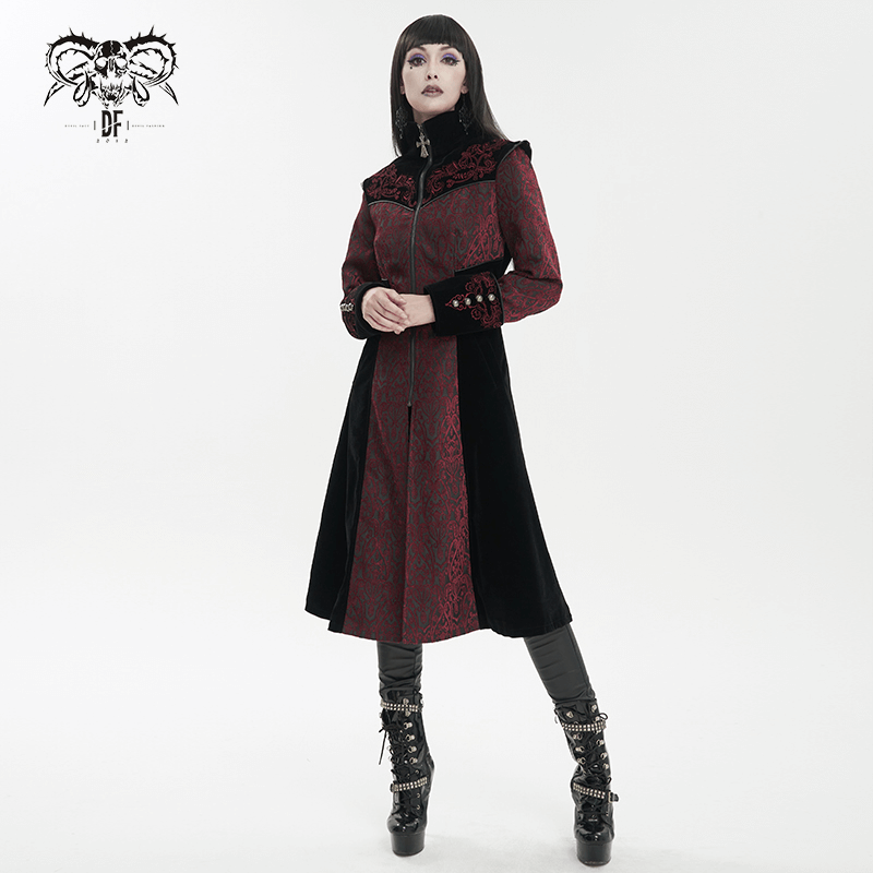 Gothic Wine Red and Black Coat / Vintage Women's Stand Collar Floral Embroidered Coat