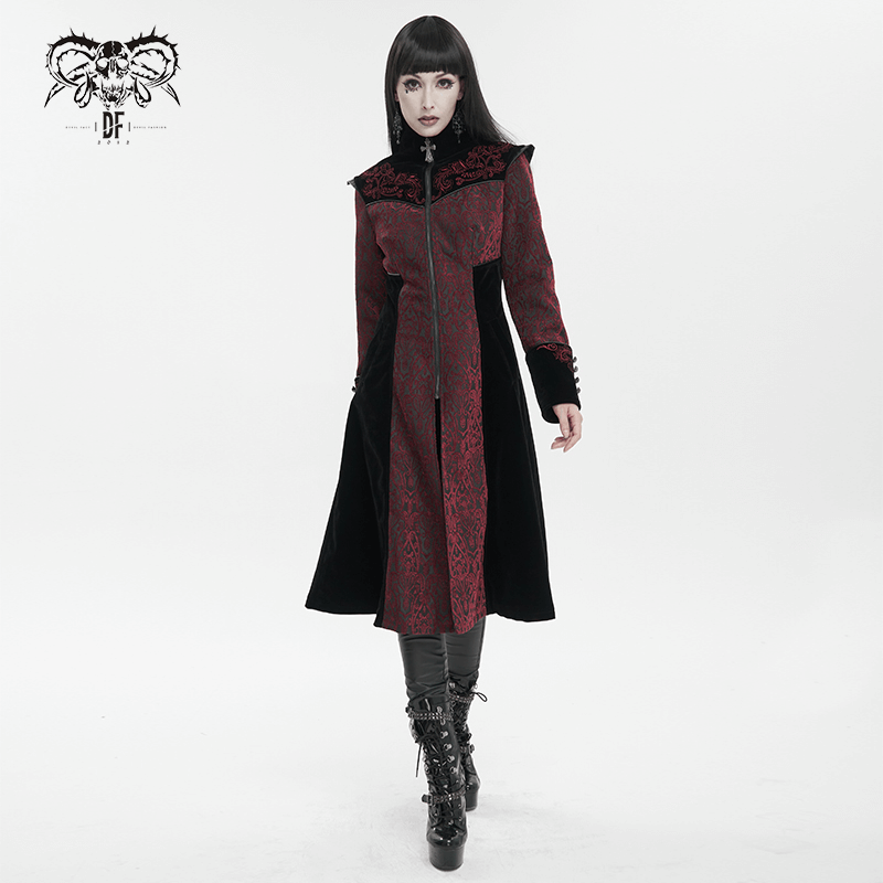 Gothic Wine Red and Black Coat / Vintage Women's Stand Collar Floral Embroidered Coat