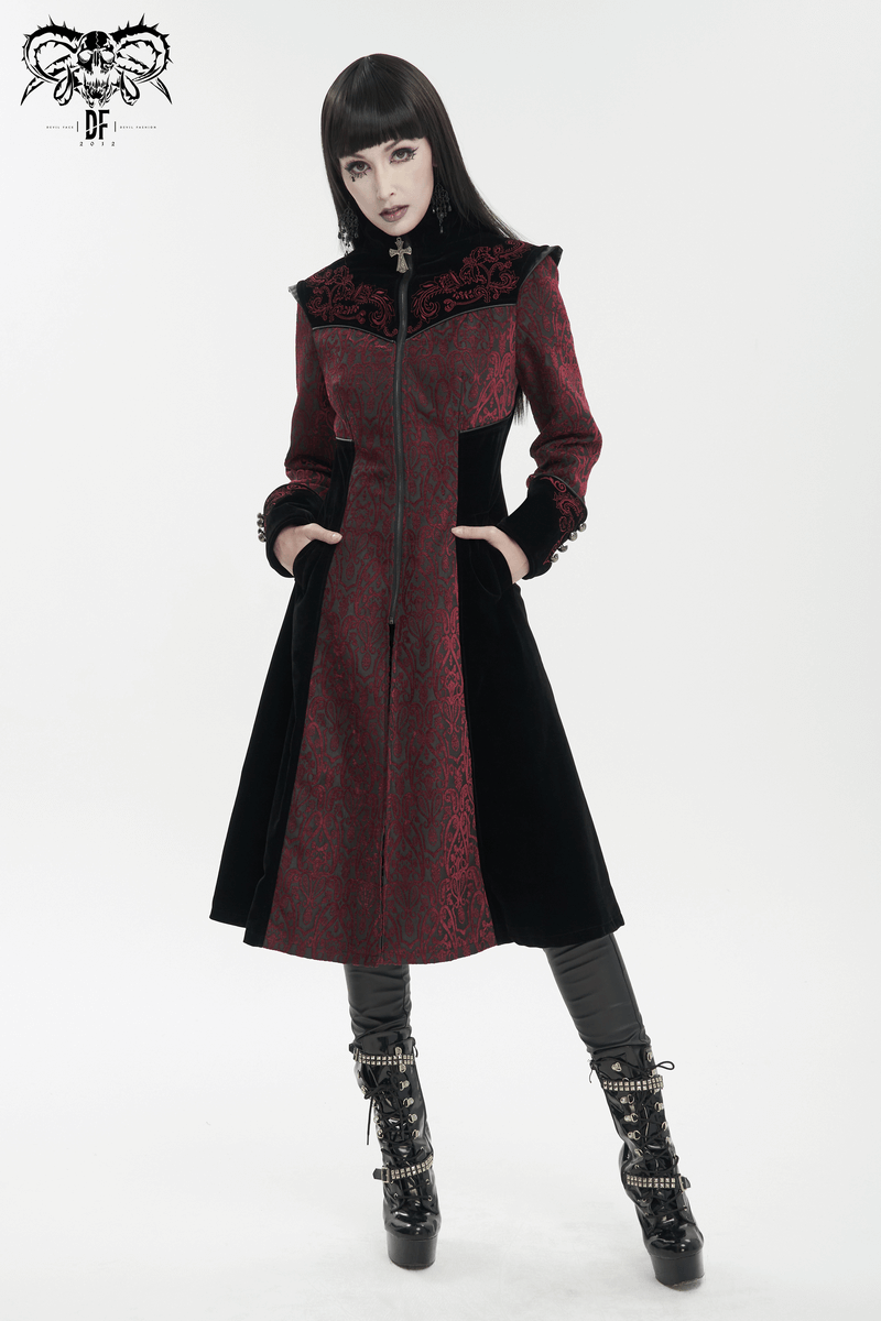 Gothic Wine Red and Black Coat / Vintage Women's Stand Collar Floral Embroidered Coat