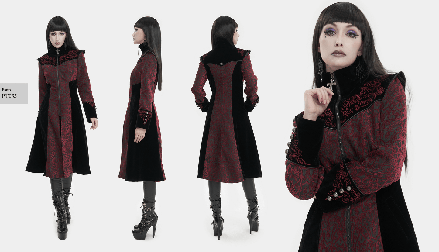 Gothic Wine Red and Black Coat / Vintage Women's Stand Collar Floral Embroidered Coat