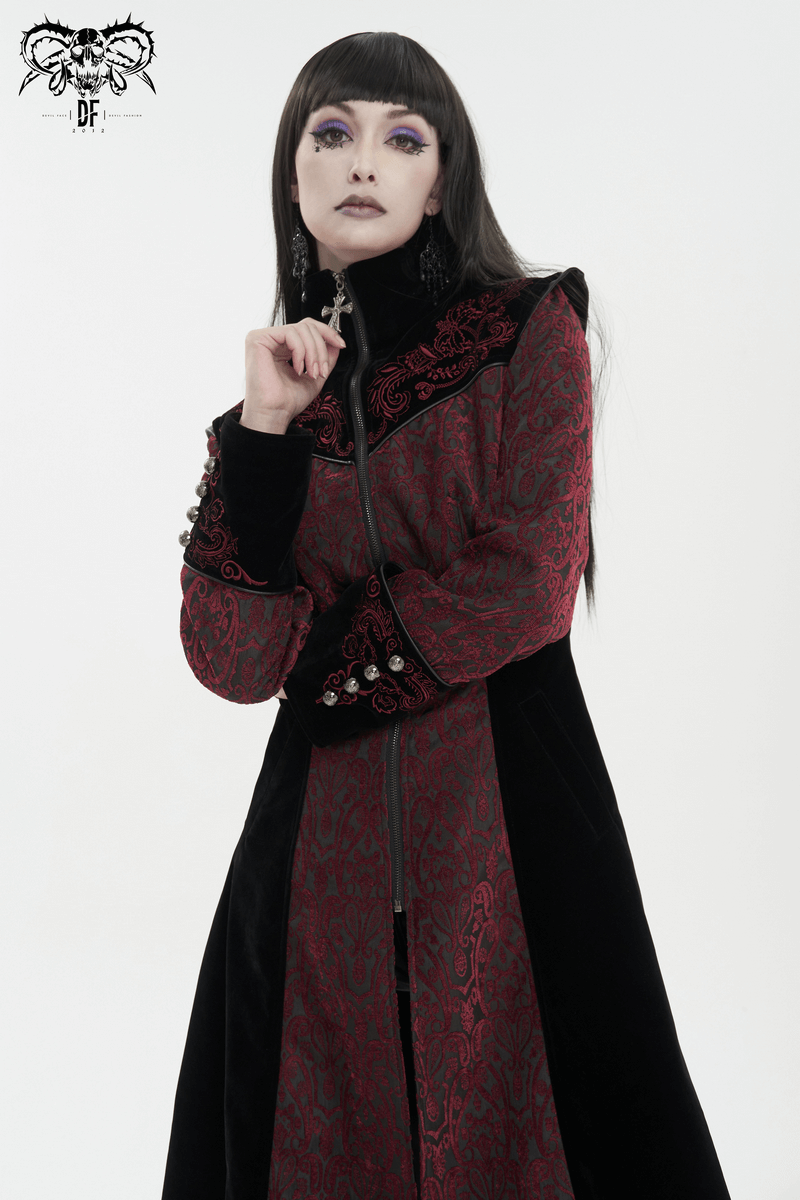Gothic Wine Red and Black Coat / Vintage Women's Stand Collar Floral Embroidered Coat