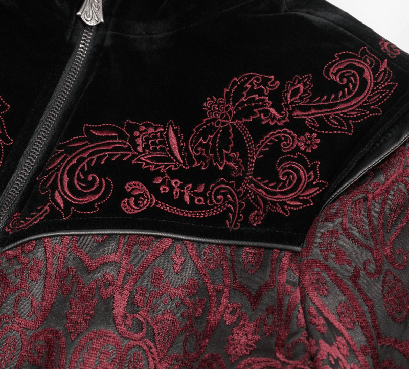 Gothic Wine Red and Black Coat / Vintage Women's Stand Collar Floral Embroidered Coat