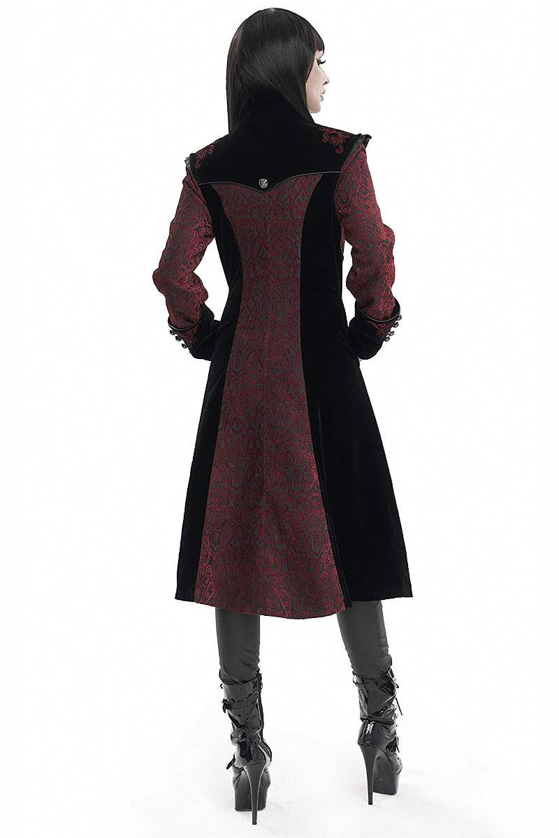 Gothic Wine Red and Black Coat / Vintage Women's Stand Collar Floral Embroidered Coat
