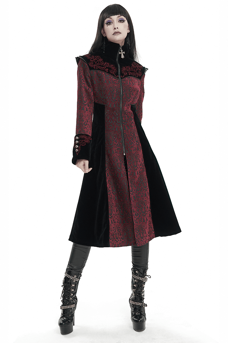 Gothic Wine Red and Black Coat / Vintage Women's Stand Collar Floral Embroidered Coat