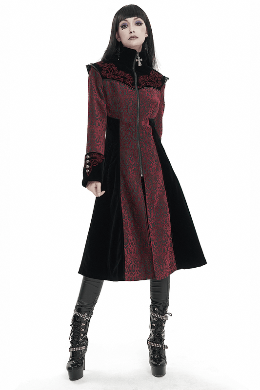 Gothic Wine Red and Black Coat / Vintage Women's Stand Collar Floral Embroidered Coat