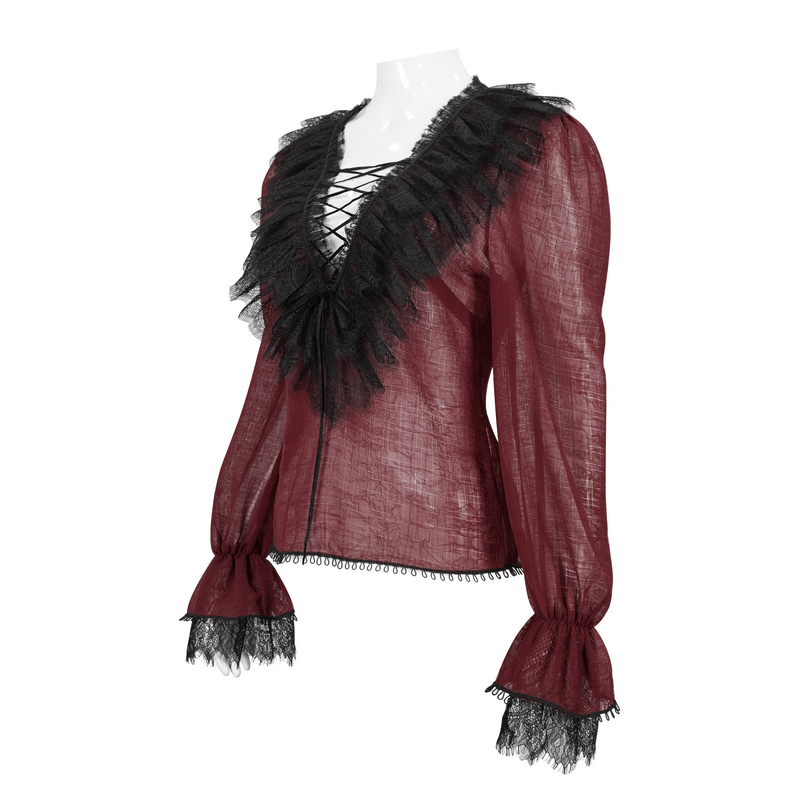 Gothic Wine Red Ruffle Top with Black Lace / Female Long Sleeves Top
