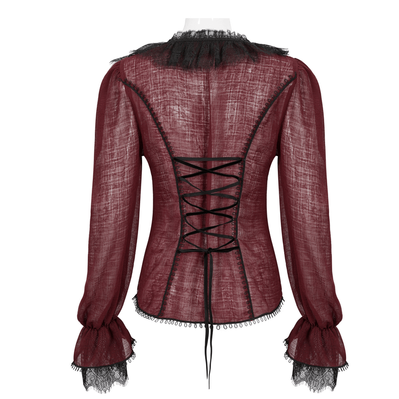 Gothic Wine Red Ruffle Top with Black Lace / Female Long Sleeves Top