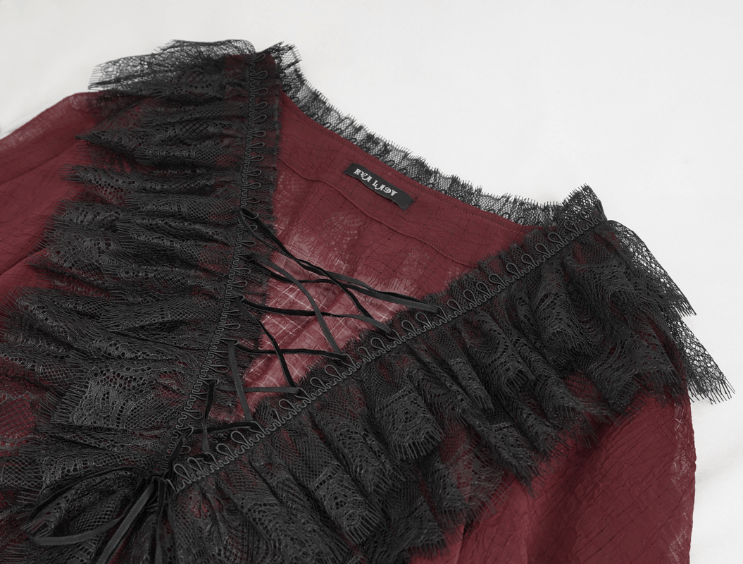 Gothic Wine Red Ruffle Top with Black Lace / Female Long Sleeves Top