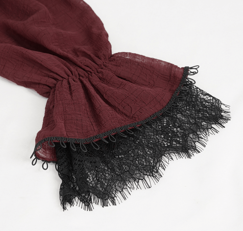 Gothic Wine Red Ruffle Top with Black Lace / Female Long Sleeves Top