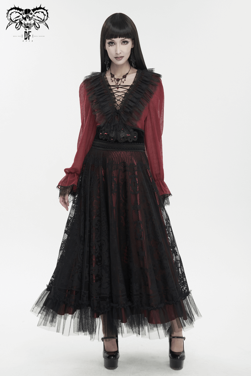 Gothic Wine Red Ruffle Top with Black Lace / Female Long Sleeves Top