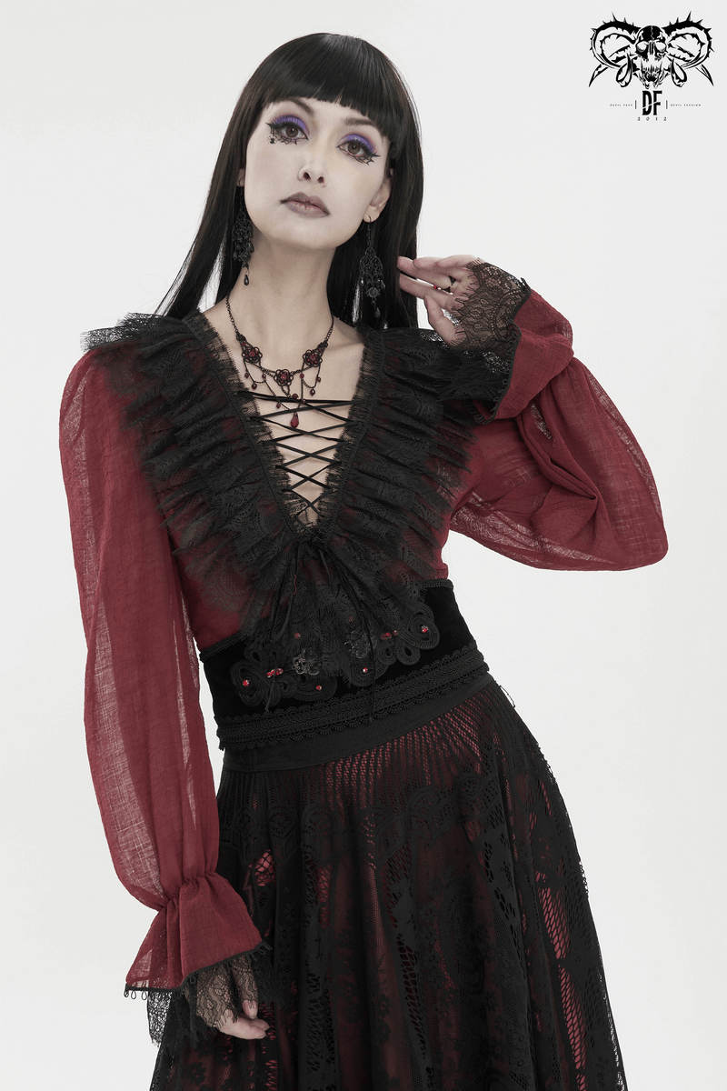 Gothic Wine Red Ruffle Top with Black Lace / Female Long Sleeves Top