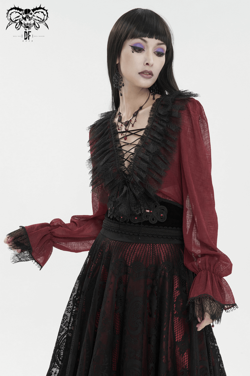 Gothic Wine Red Ruffle Top with Black Lace / Female Long Sleeves Top