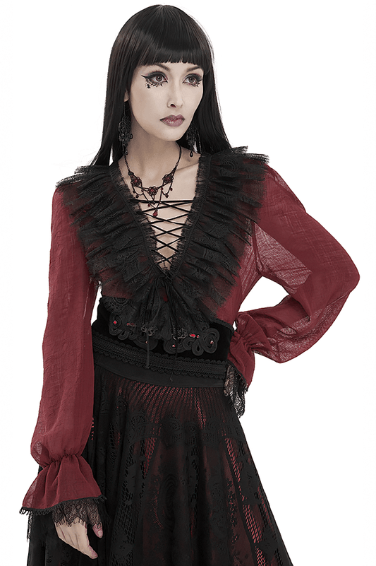 Gothic Wine Red Ruffle Top with Black Lace / Female Long Sleeves Top