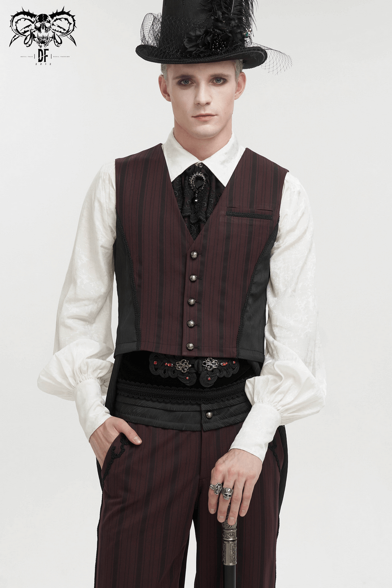 Gothic Wine Red Stripes Waistcoat with Datachable Swallow Tail / Male V-Neck Buttons Waistcoat