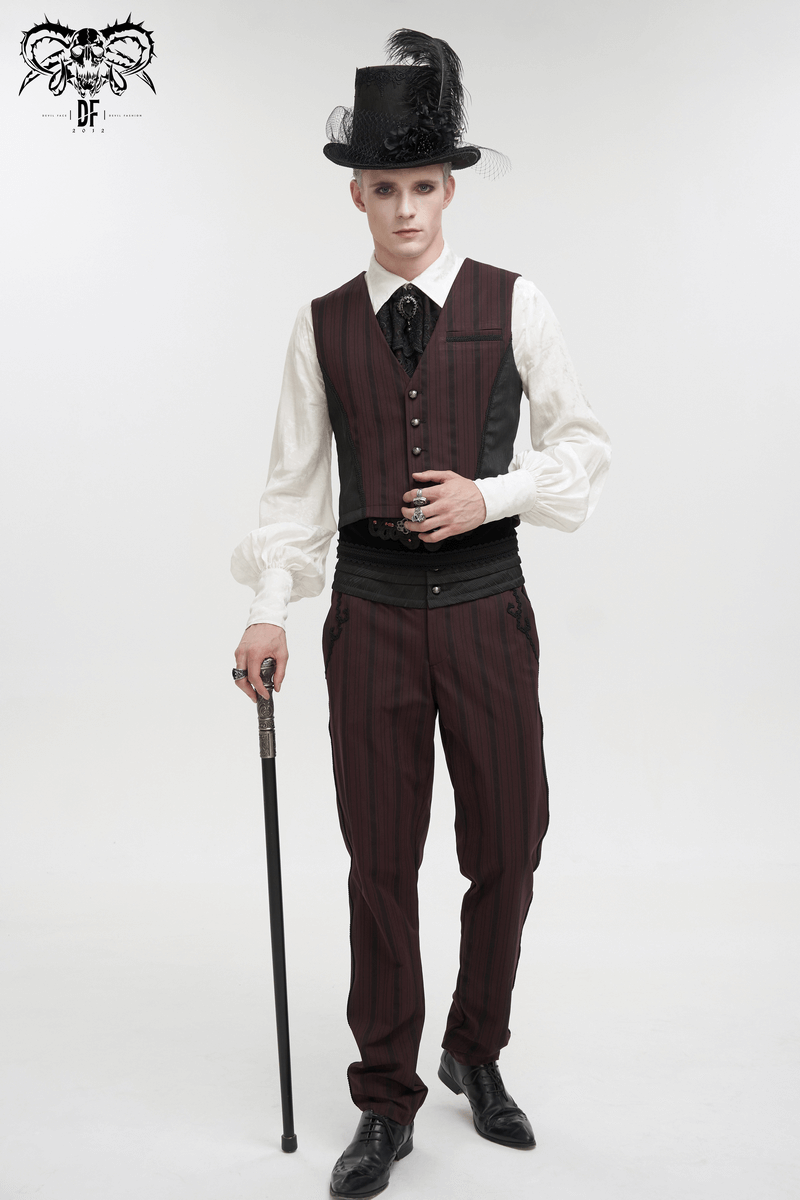 Gothic Wine Red Stripes Waistcoat with Datachable Swallow Tail / Male V-Neck Buttons Waistcoat