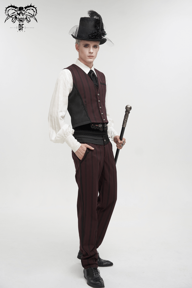 Gothic Wine Red Stripes Waistcoat with Datachable Swallow Tail / Male V-Neck Buttons Waistcoat