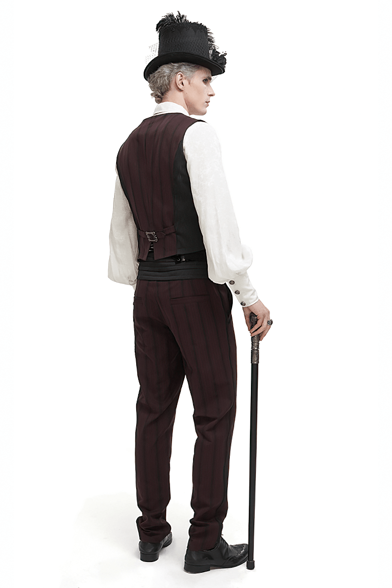 Gothic Wine Red Stripes Waistcoat with Datachable Swallow Tail / Male V-Neck Buttons Waistcoat
