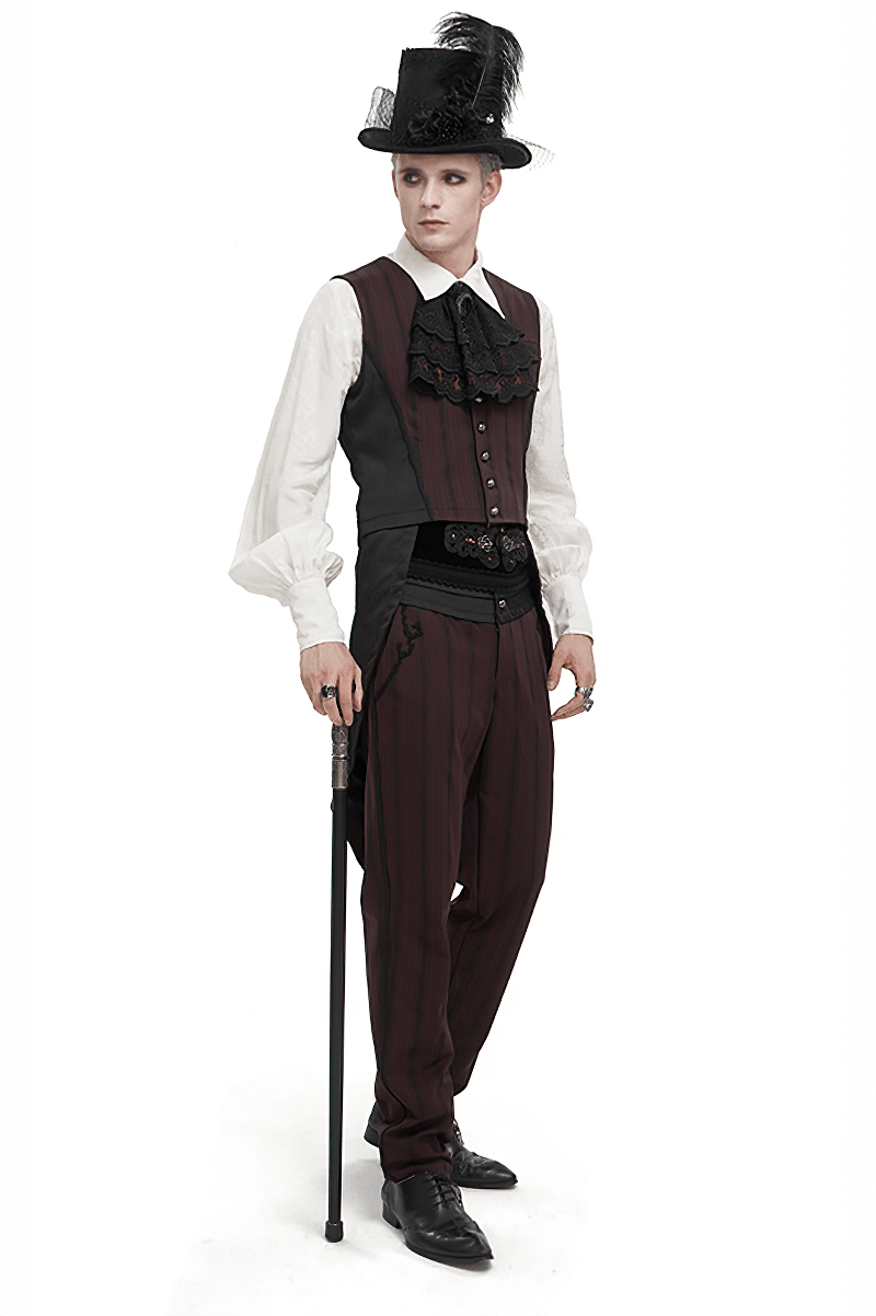 Gothic Wine Red Stripes Waistcoat with Datachable Swallow Tail / Male V-Neck Buttons Waistcoat