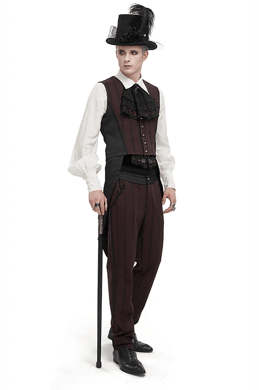 Gothic Wine Red Stripes Waistcoat with Datachable Swallow Tail / Male V-Neck Buttons Waistcoat