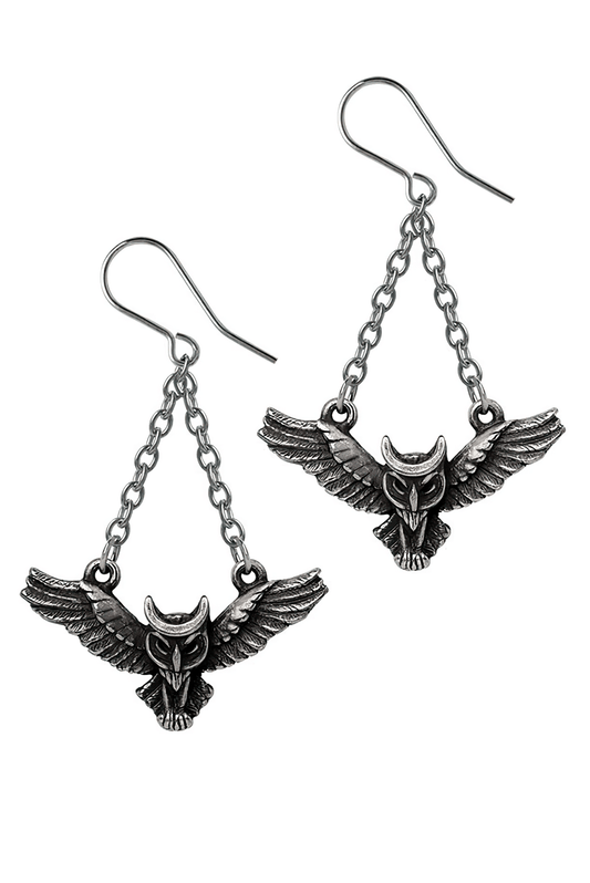 Gothic Winged Owl Earrings with Crescent Moon Charm