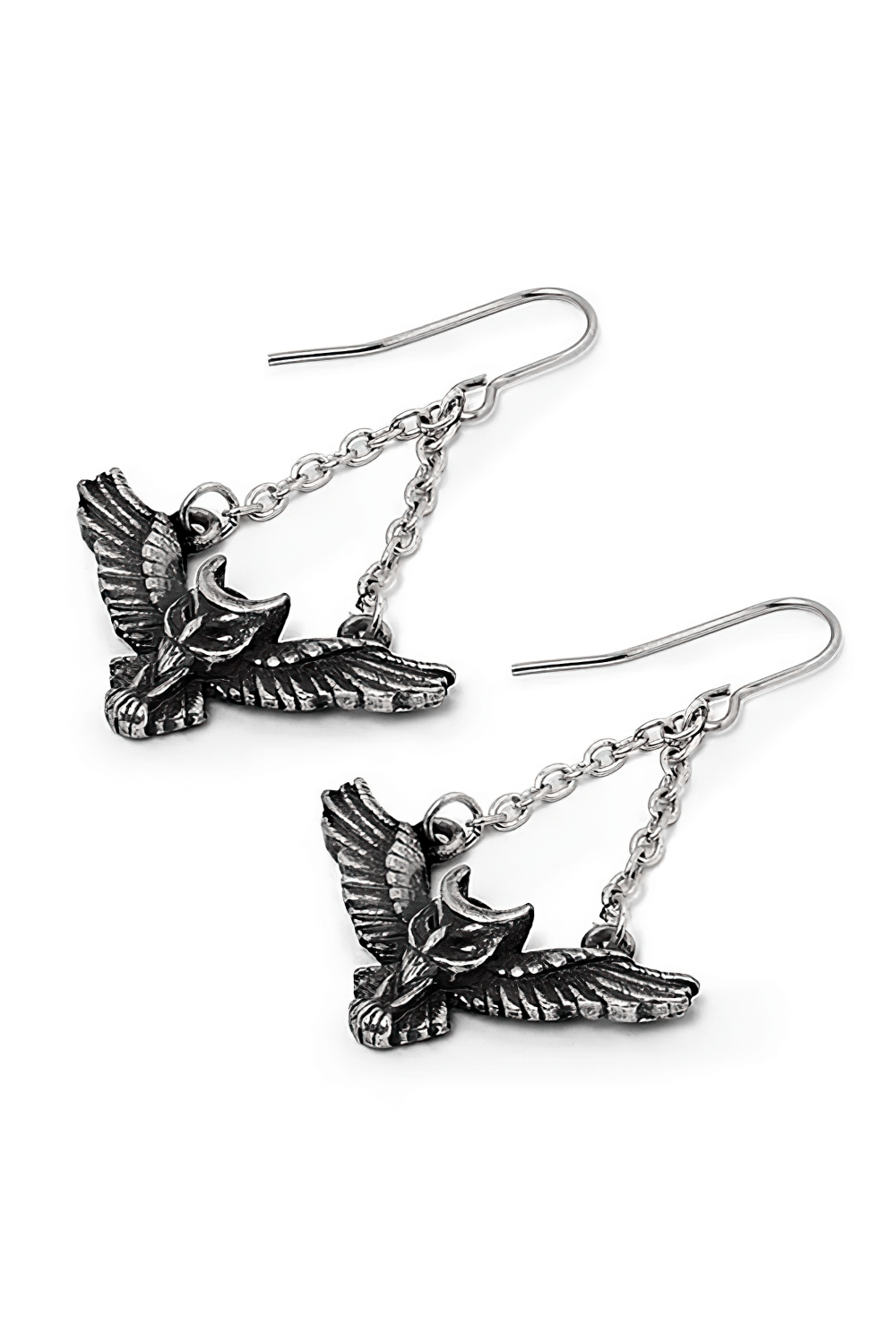 Gothic Winged Owl Earrings with Crescent Moon Charm