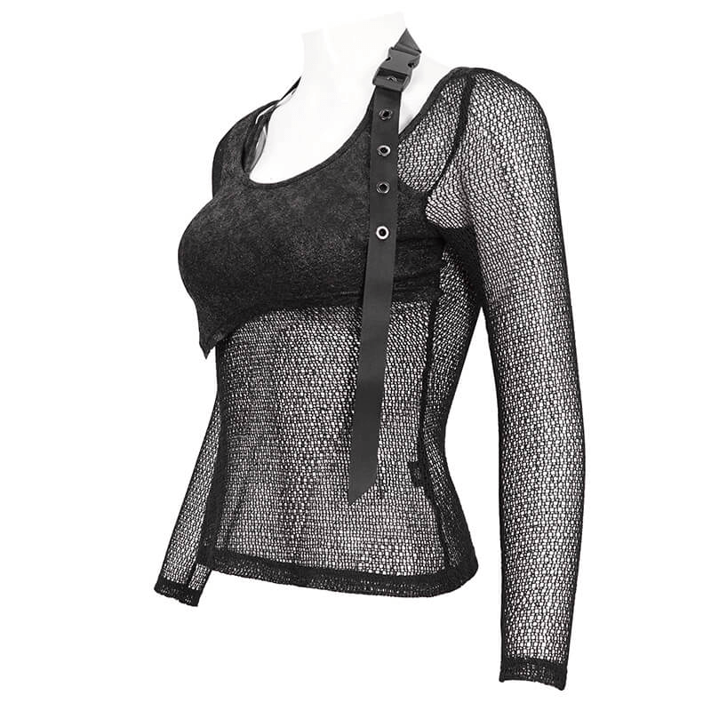 Gothic Women's Black Toр With O-Neck and Strap / Steampunk Style Ladies Mesh Clothing