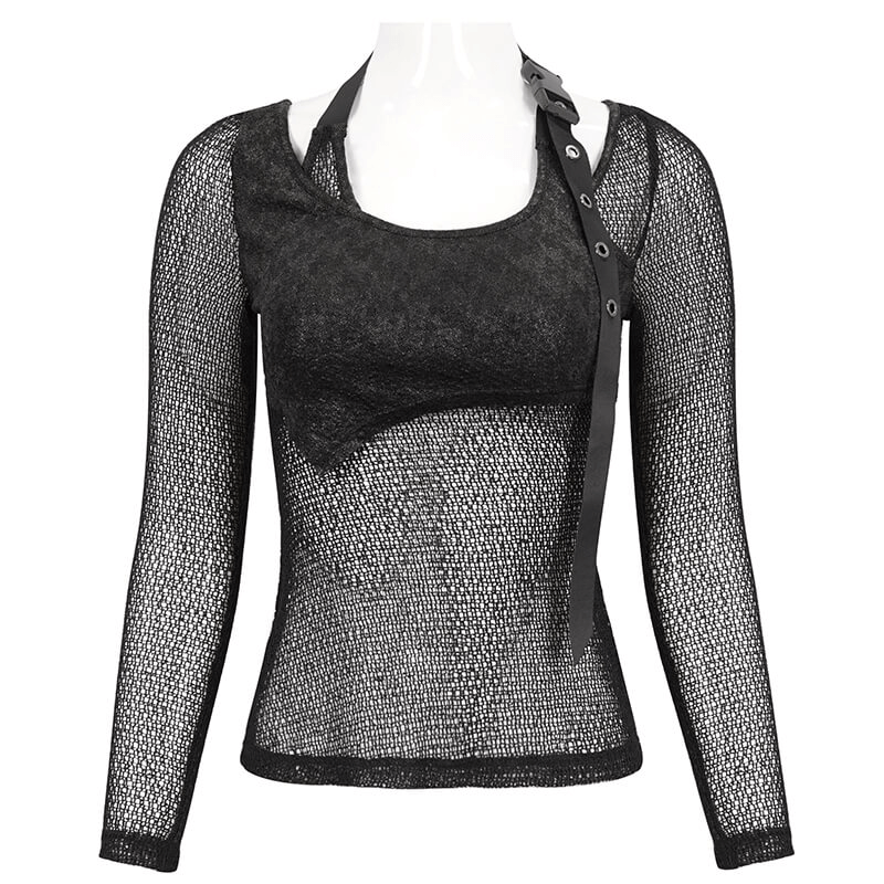 Gothic Women's Black Toр With O-Neck and Strap / Steampunk Style Ladies Mesh Clothing