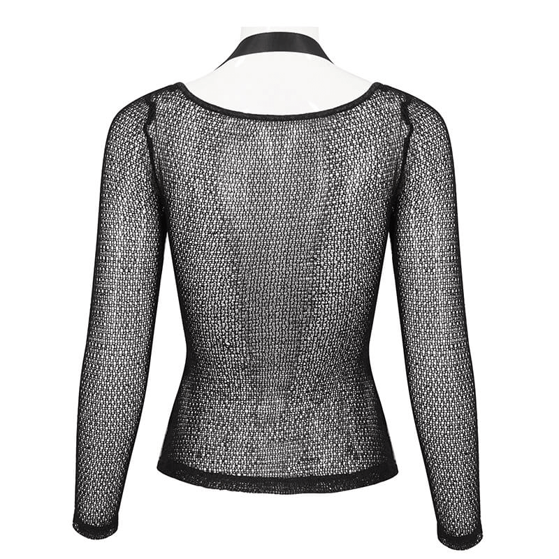 Gothic Women's Black Toр With O-Neck and Strap / Steampunk Style Ladies Mesh Clothing