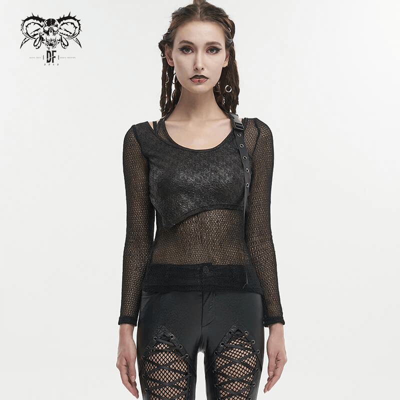 Gothic Women's Black Toр With O-Neck and Strap / Steampunk Style Ladies Mesh Clothing