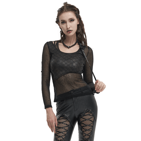 Gothic Women's Black Toр With O-Neck and Strap / Steampunk Style Ladies Mesh Clothing