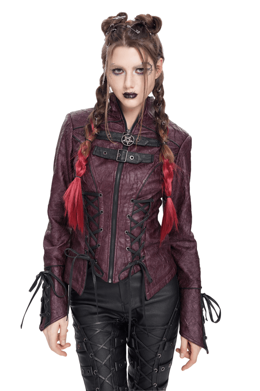 Gothic Women's Purple Faux Leather Jacket with Buckles