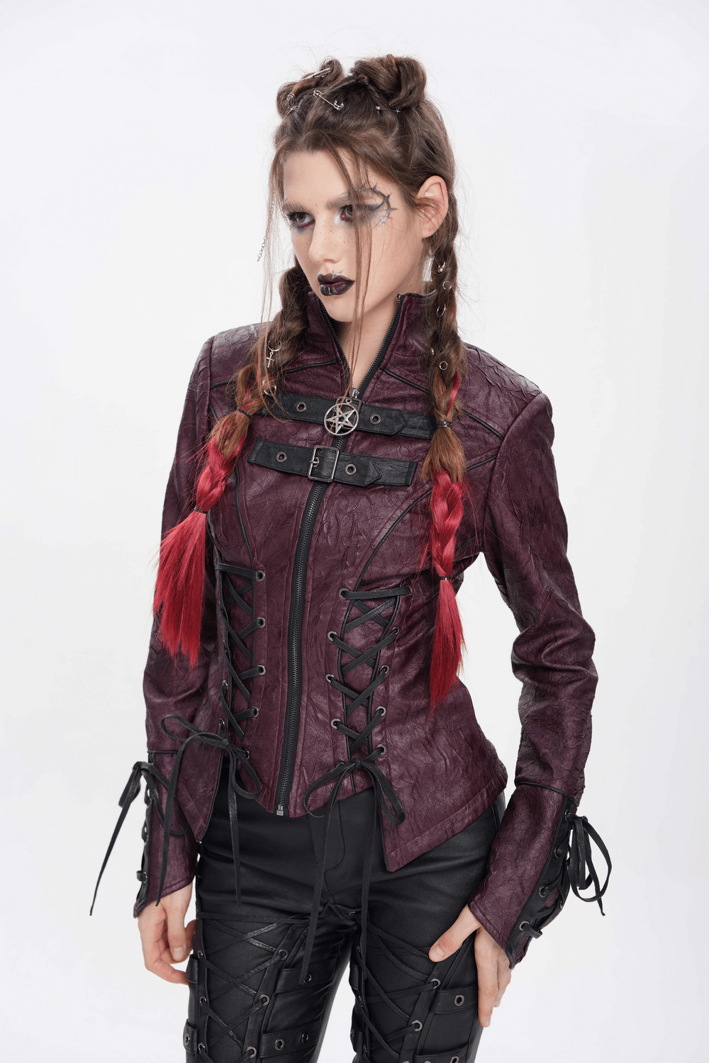 Gothic Women's Purple Faux Leather Jacket with Buckles