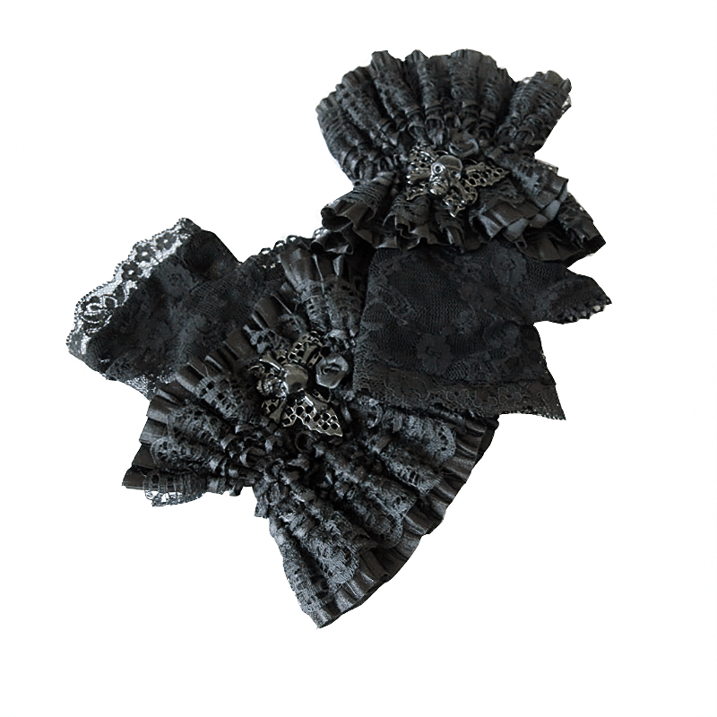 Gothic Women's Black Fingerless Gloves / Ladies Lace Gloves with Floral Embroidery and Skull Pendant