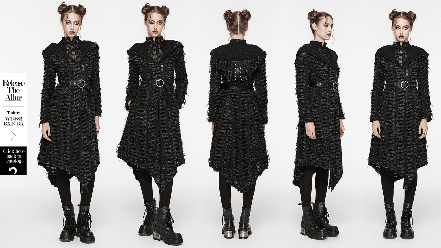 Gothic Women's Black Hooded Cape with Belt and Mesh