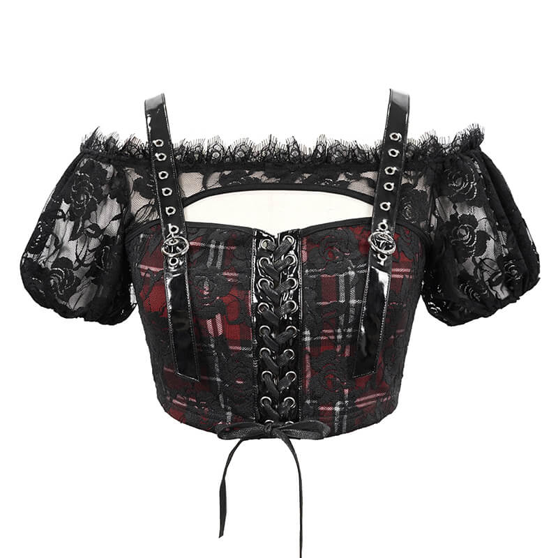 Gothic Women's Black & Red Plaid Crop Top / Stylish Lace Floral Pattern Short Sleeve Tops